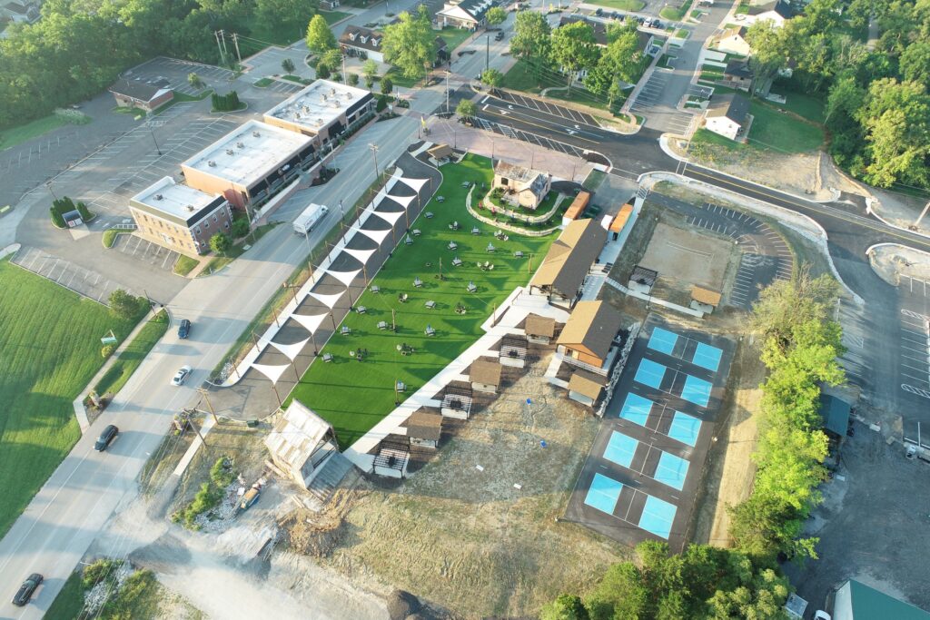 Aerial view of the sport courts and lawn at Frankie Martin's Garden in Cottleville, Missouri