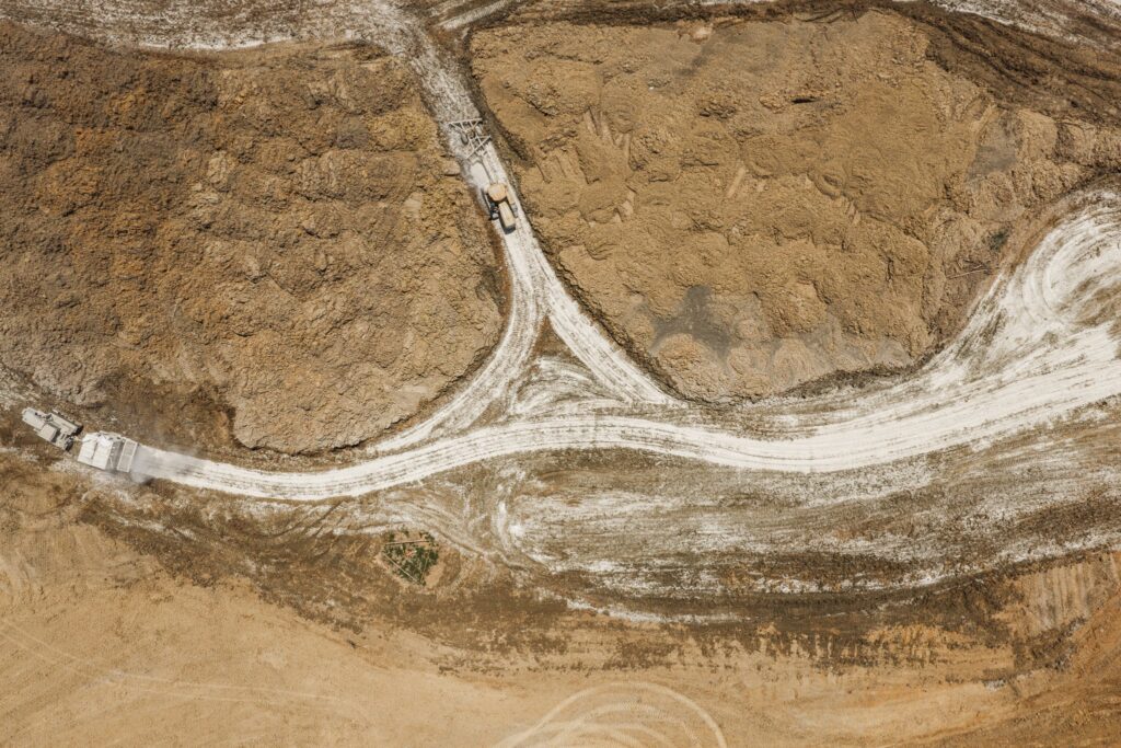 Aerial view of lime-stabilized access roads for the Split Rail Solar Farm in Warrenton, Missouri